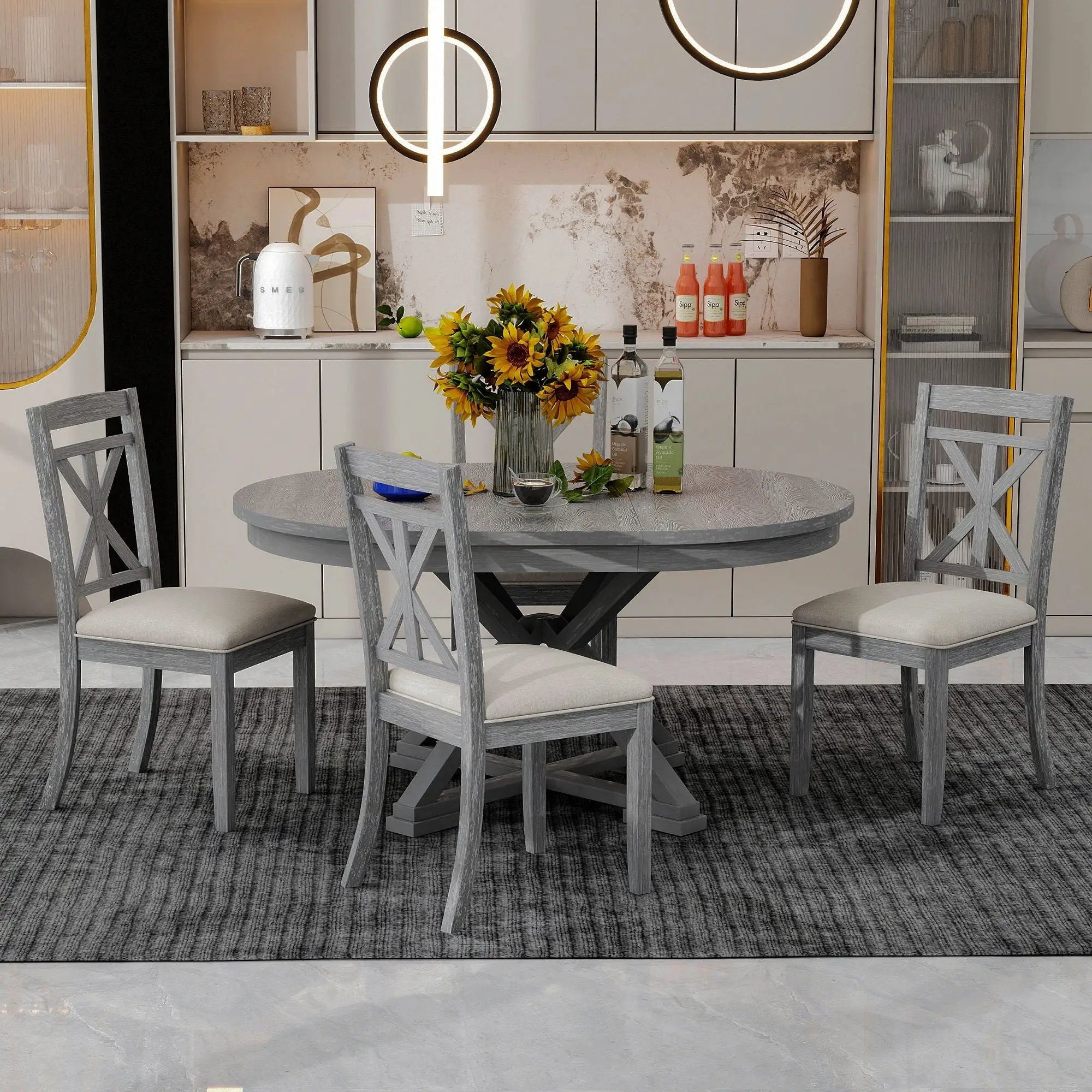 Dining Set With Extendable Round Table And 4 Upholstered Chairs by Unique Piece Furniture
