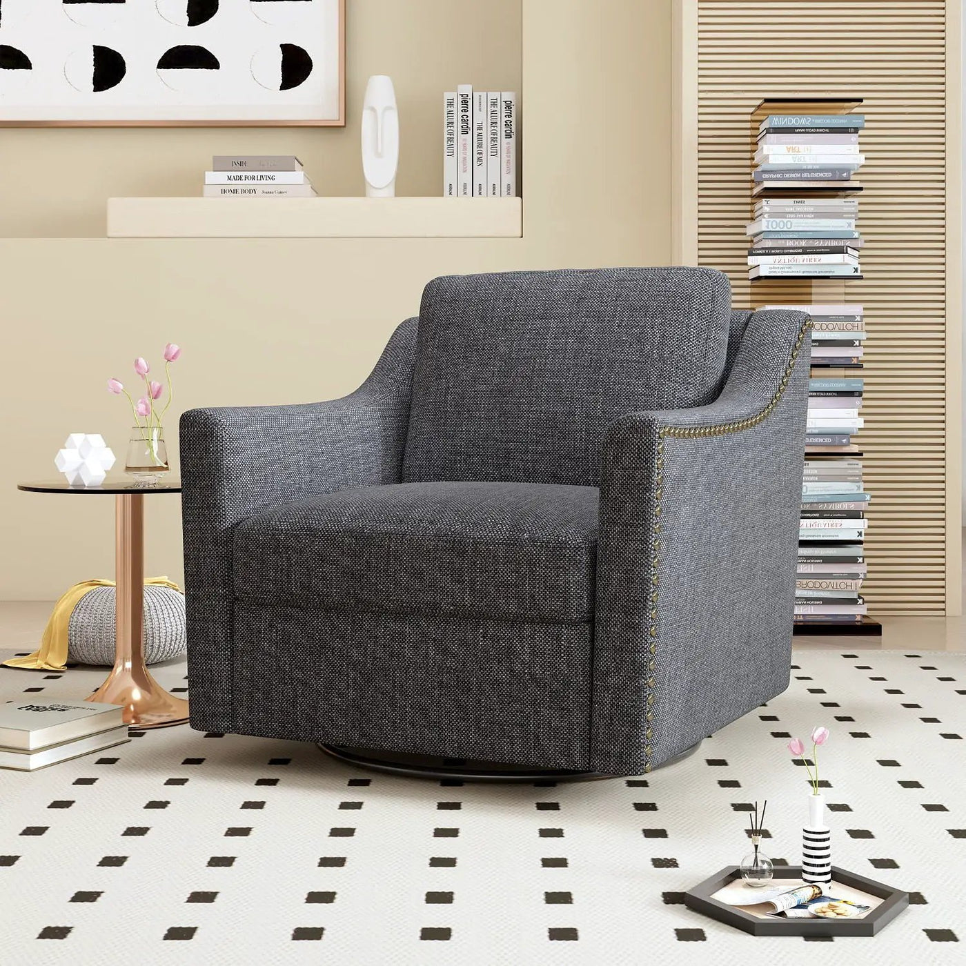360 Degree Swivel Armchair, Skin Friendly Fabric, Ergonomic Design, Brass Nail Decorative Armchair by HouseOfZazla