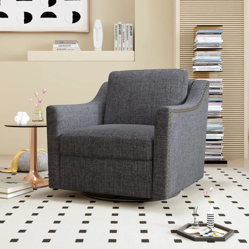 360 Degree Swivel Armchair, Skin Friendly Fabric, Ergonomic Design, Brass Nail Decorative Armchair by HouseOfZazla