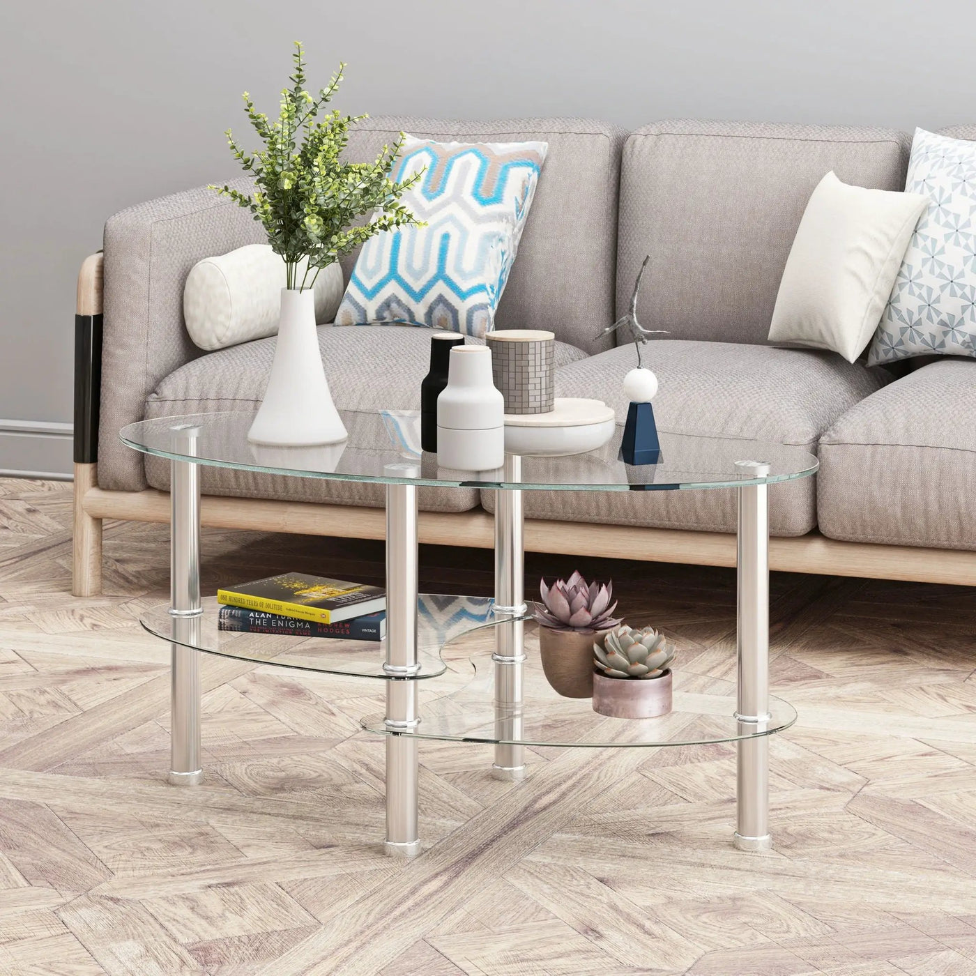 Transparent Oval Glass Coffee Table, Modern Table In Living Room Oak Wood Leg Tea Table 3-Layer Glass Table by HouseOfZazla