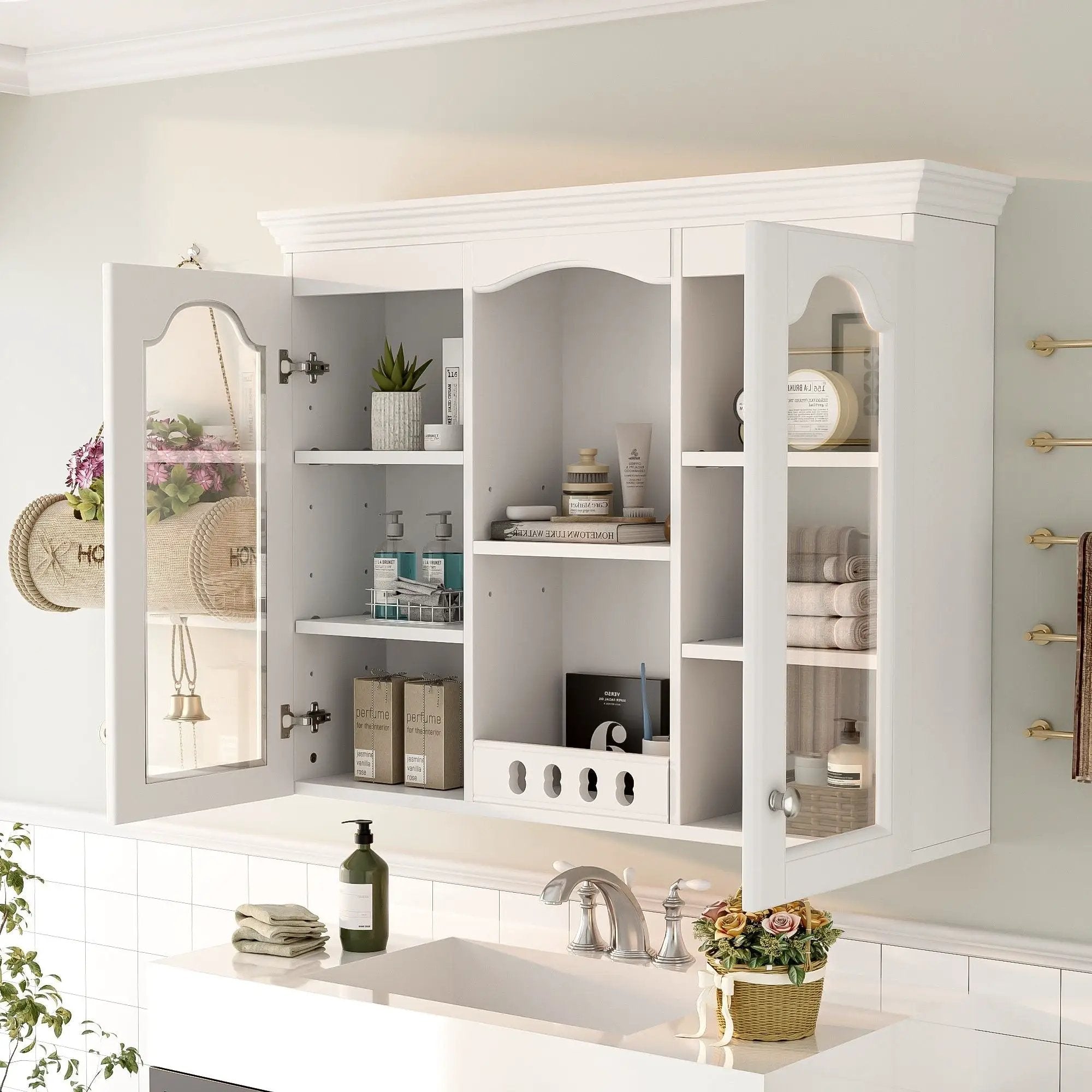 Wall-Mounted Medicine Cabinet With 2 Glass Doors, Adjustable Shelves - White by Unique Piece Furniture