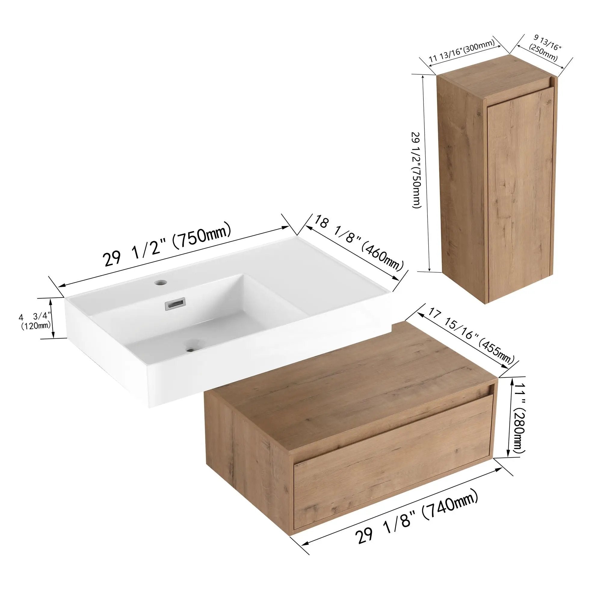 Modern Wall Mounted Bathroom Vanity With Resin Sink And Side Cabinet, Soft Close Drawer, Imitative - Imitative Oak by HouseOfZazla
