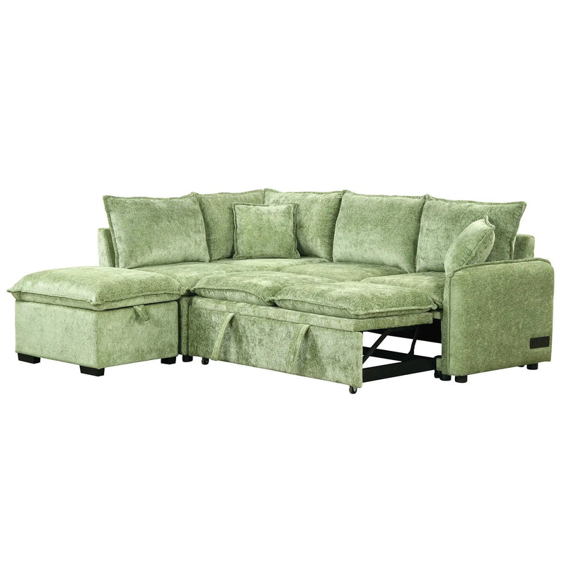 Convertible Sofa Bed Sectional Sofa Sleeper L-Shaped Sofa With A Storage Ottoman, Two Pillows, Two Power Sockets And Two USB Ports For Living Room by HouseOfZazla