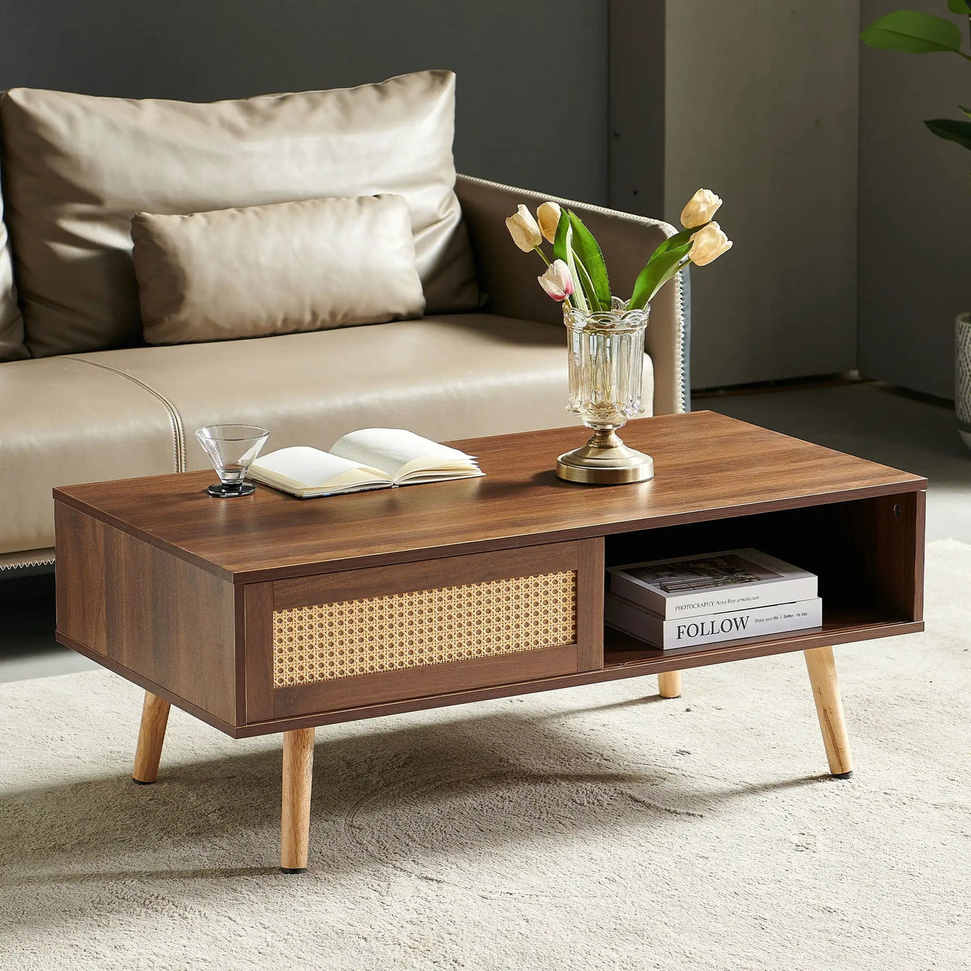 41.34" Rattan Coffee Table, Sliding Door For Storage, Solid Wood Legs, Modern Table For Living Room by Unique Piece Furniture