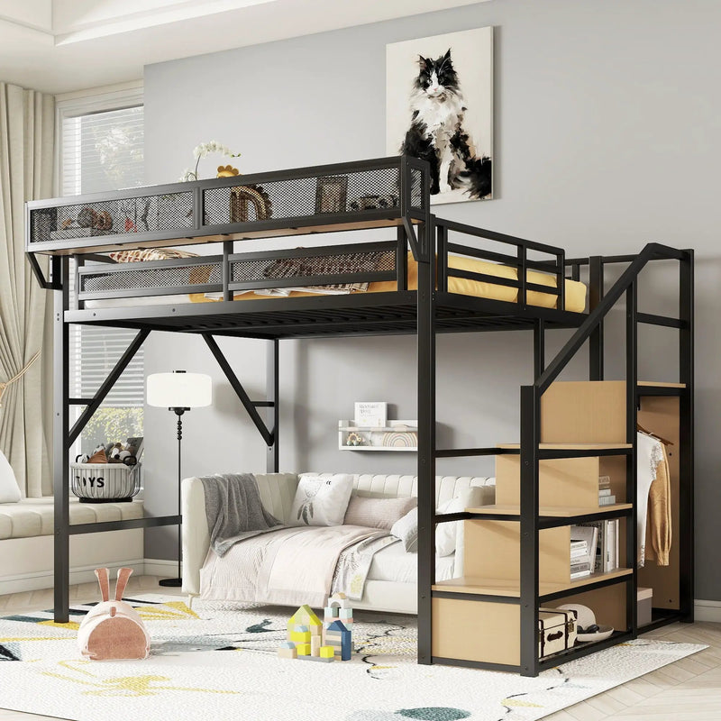 Queen Size Loft Bed & Stairs, Storage Shelves, Wardrobe - Black / Wood by Unique Piece Furniture