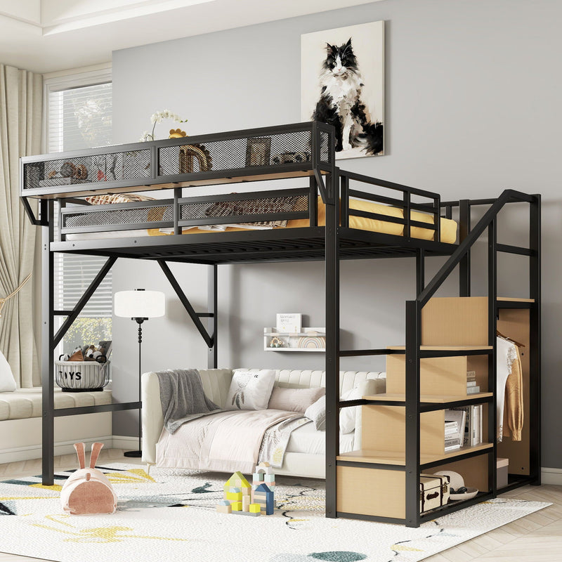 Queen Size Loft Bed & Stairs, Storage Shelves, Wardrobe - Black / Wood by HouseOfZazla