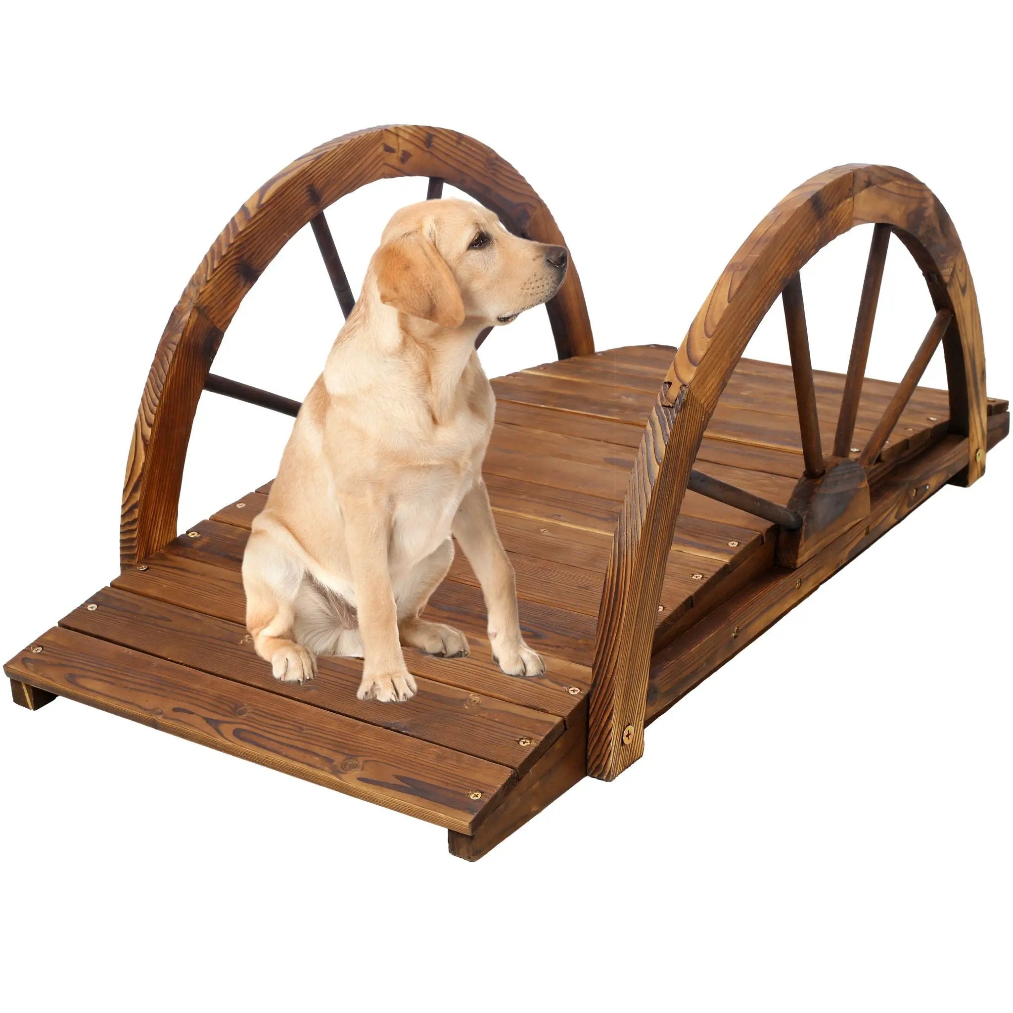 Wooden Garden Bridge Arc Footbridge With Half Wheel Railings Solid Fi - Brown by HouseOfZazla