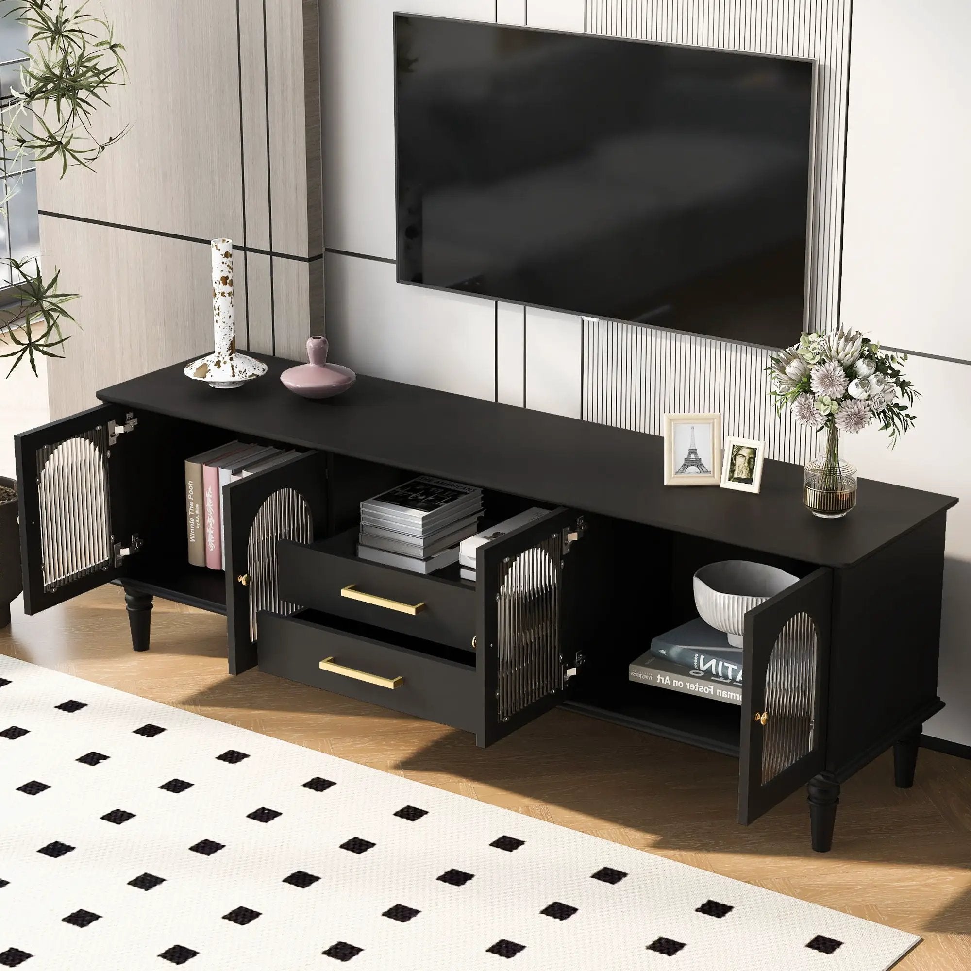 TV Stand For TVs Up To 75", Entertainment Center Media Console For Living Room - Black by Unique Piece Furniture