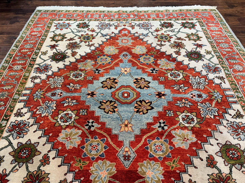 Indo Persian Heriz Rug 7x9, Geometric Pattern, Cream & Light Red, Handmade Vintage Wool Carpet by Jewel Rugs