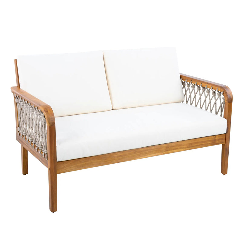 Outdoor Acacia Wood Loveseat & Coffee Table Set with Handwoven Rope, Teak Finish by HouseOfZazla