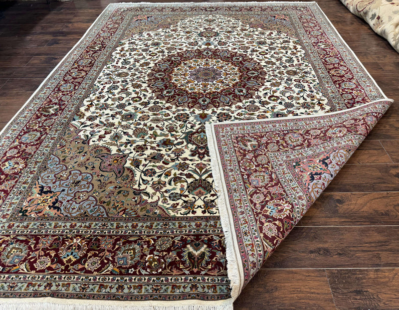 Persian Tabriz Rug 8x11, Floral Medallion Traditional Area Rug, Fine 300 KPSI, Ivory Maroon by Jewel Rugs