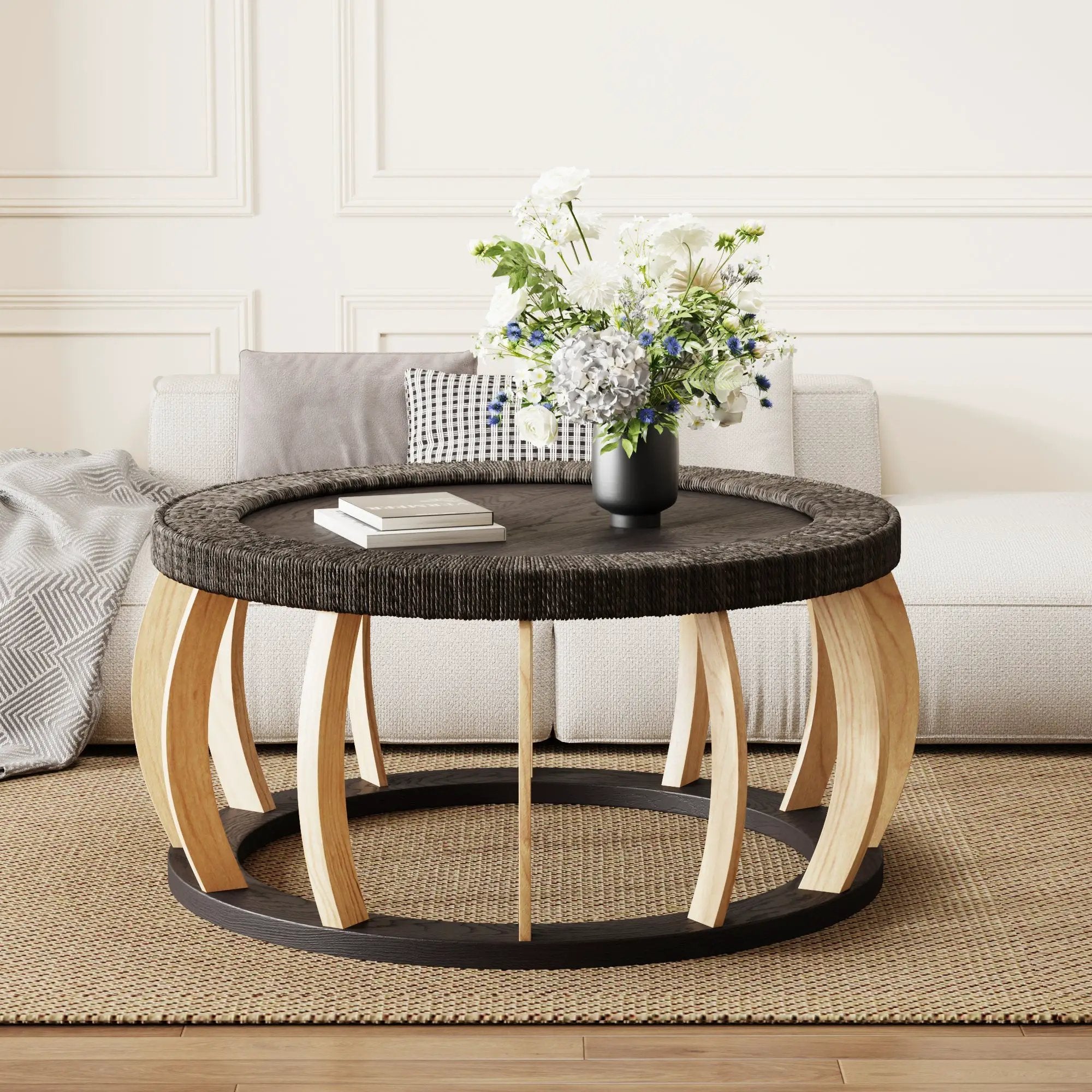 Vintage Rattan Solid Wood Round Coffee Table by HouseOfZazla
