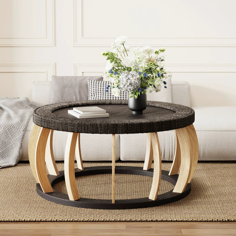 Vintage Rattan Solid Wood Round Coffee Table by HouseOfZazla