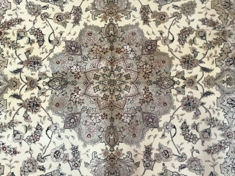 Sino Persian Rug 6x9, Floral Medallion, Ivory & Taupe, Wool with Silk Highlights, Fine 210 KPSI by Jewel Rugs