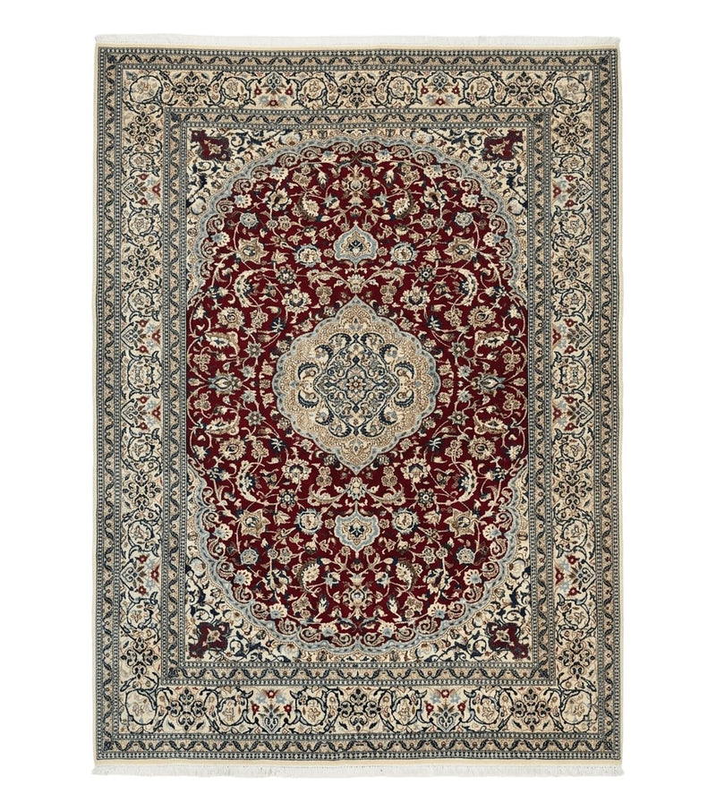 Persian Nain Rug 8x11, Wool and Silk Highlights, Burgundy & Ivory by Jewel Rugs
