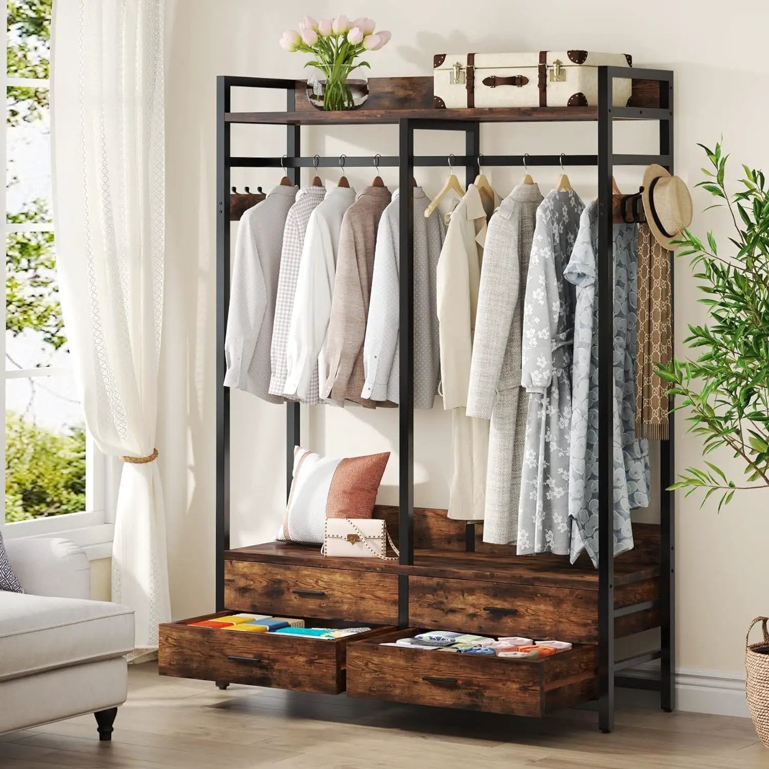 Freestanding Closet Organizer With 4 Drawers, 8 Hooks, Shelves, And Hanging Rod - Brown / Black by HouseOfZazla