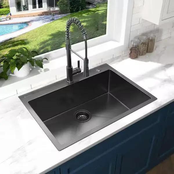 Open Box Glacier Bay 33 in. Drop-In Single Bowl 18 Gauge Gunmetal Black Stainless Steel Kitchen Sink by Selzalot
