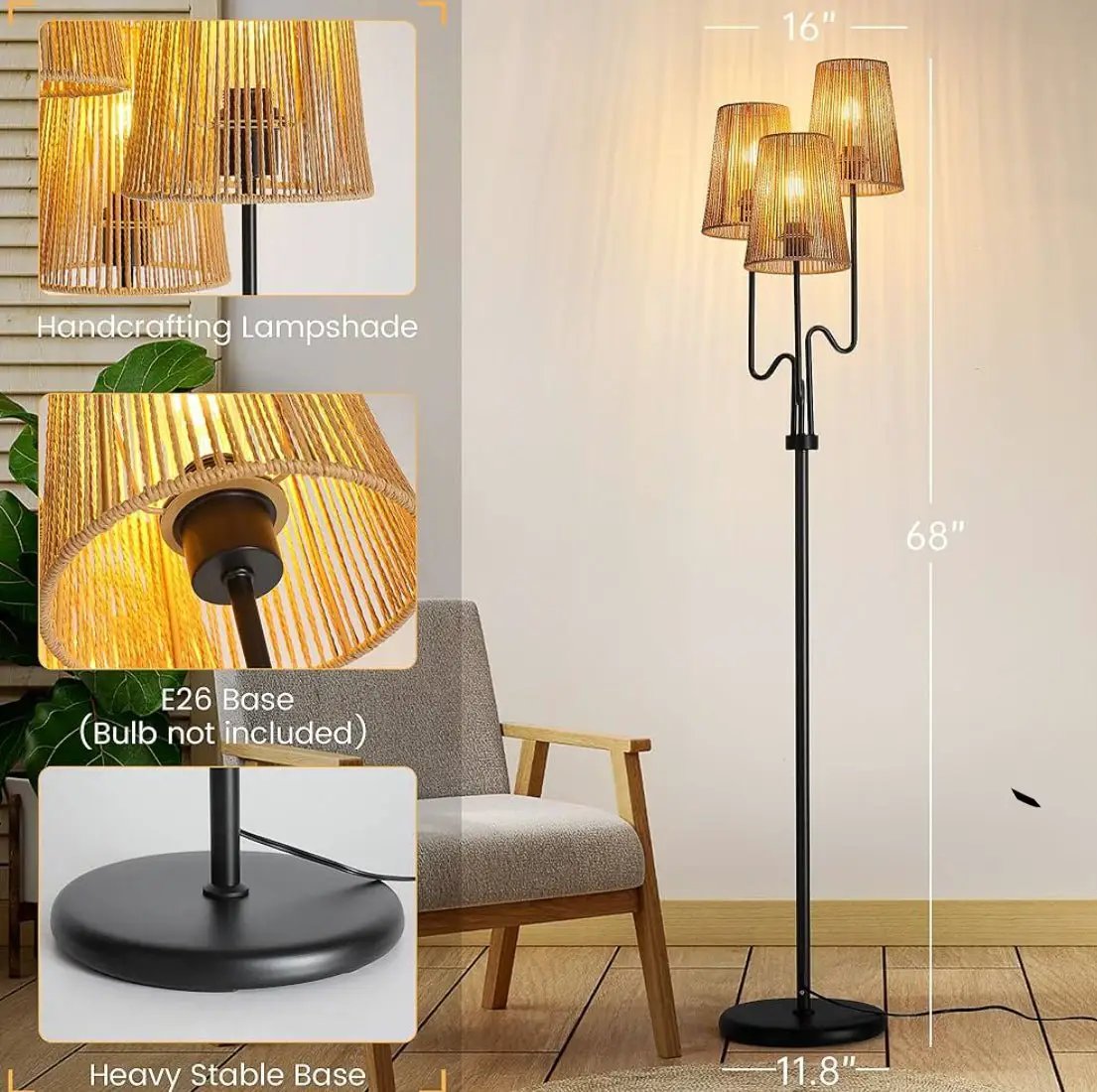 Boho Floor Lamp, 68in. Rattan Floor Lamp with Rattan Shade, 3 Light Tree Standing Lamp for Bedroom,Nursery, E26 Socket, Living Room Floor Lamp for Rus by Selzalot
