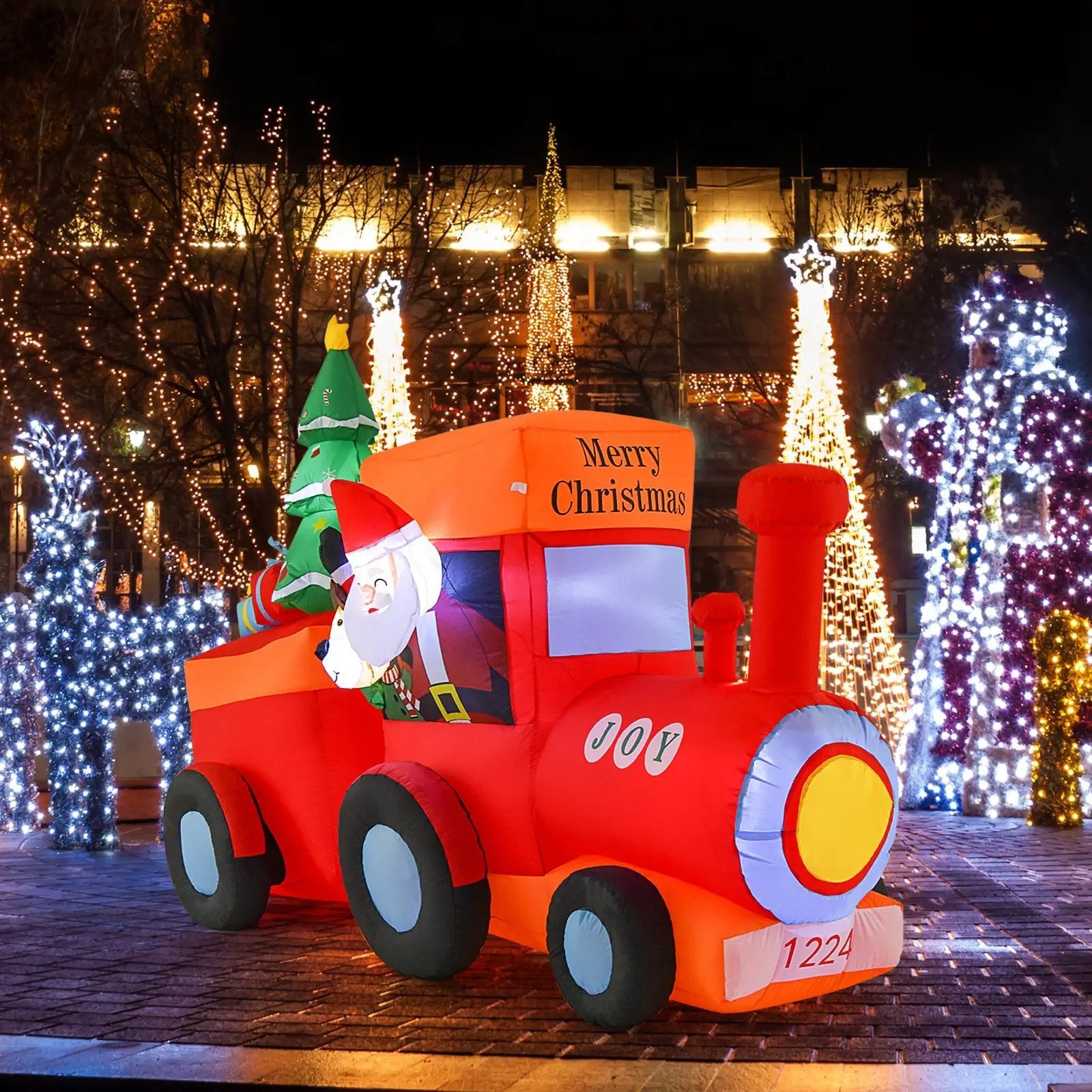 8.6 Feet Lighted Christmas Inflatable Train with Santa Claus Deer by DirectDeals