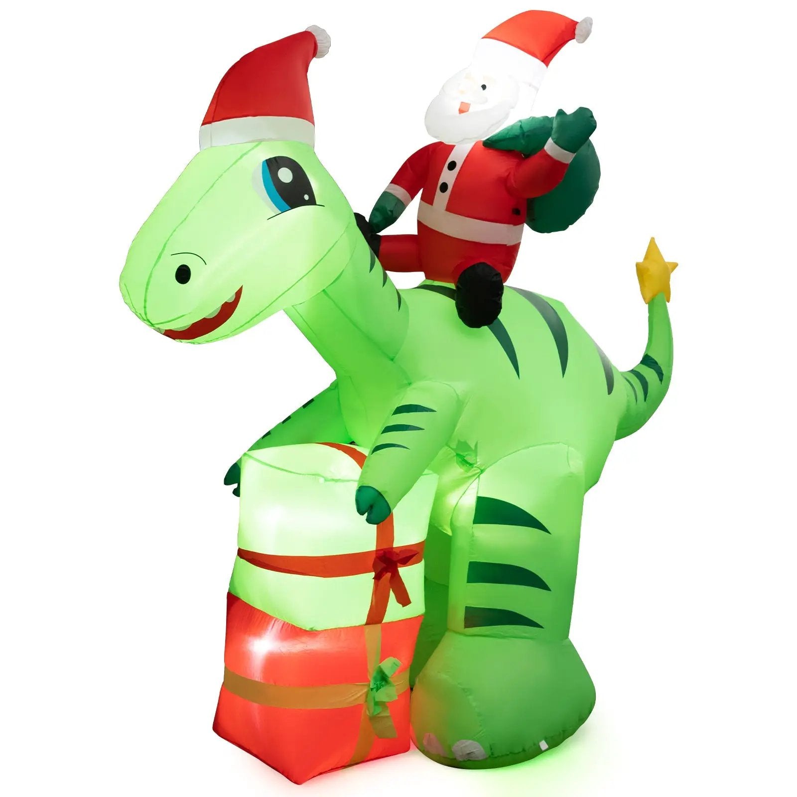 8 Feet Lighted Christmas Inflatable Santa Claus Dinosaur Decoration with Gift Boxes by DirectDeals