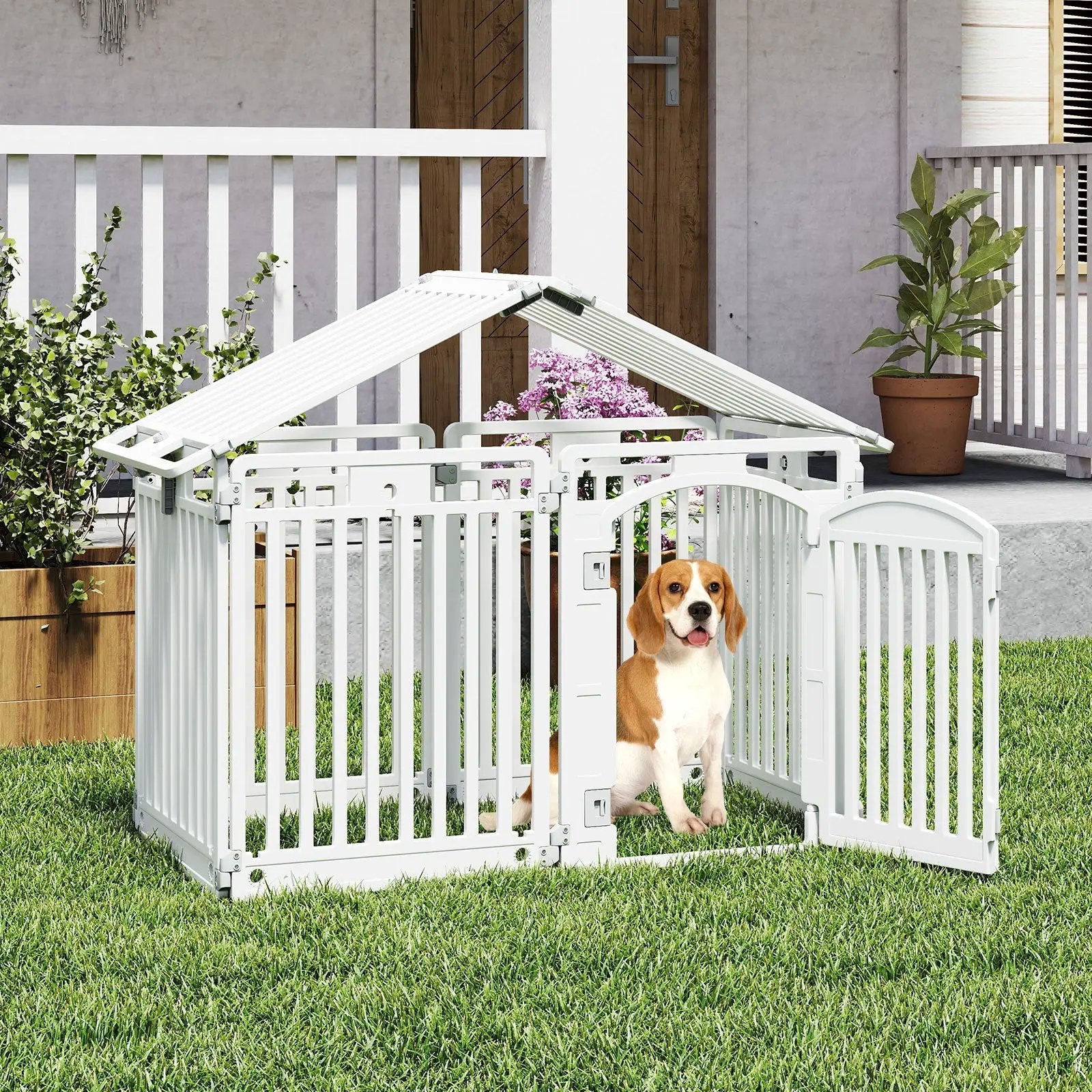 8-Panel Tall Plastic Dog Fence Indoor Outdoor Puppy Pen with Locking Door-White by DirectDeals