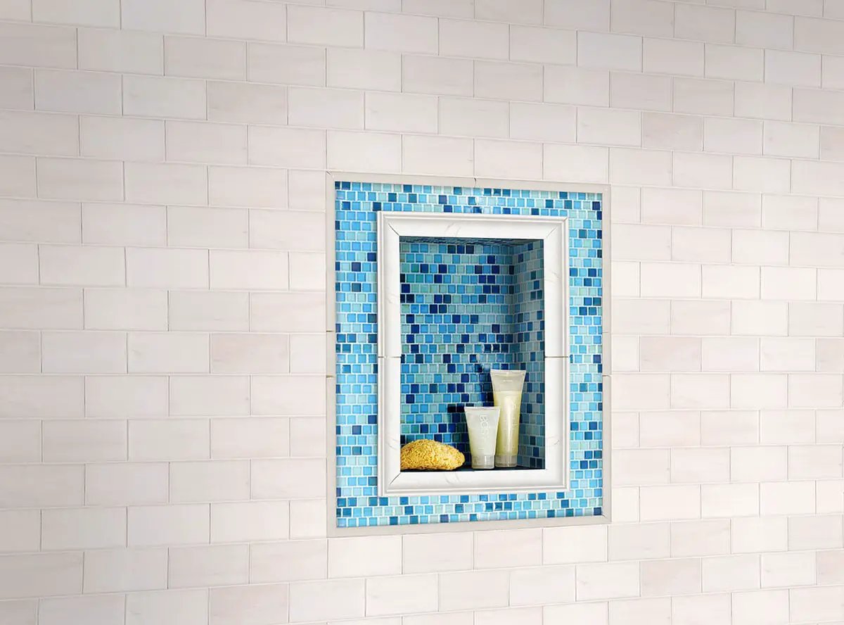 Whisper White Quarter Round 5/8x6 Molding Glossy Ceramic Mosaics in a finished room