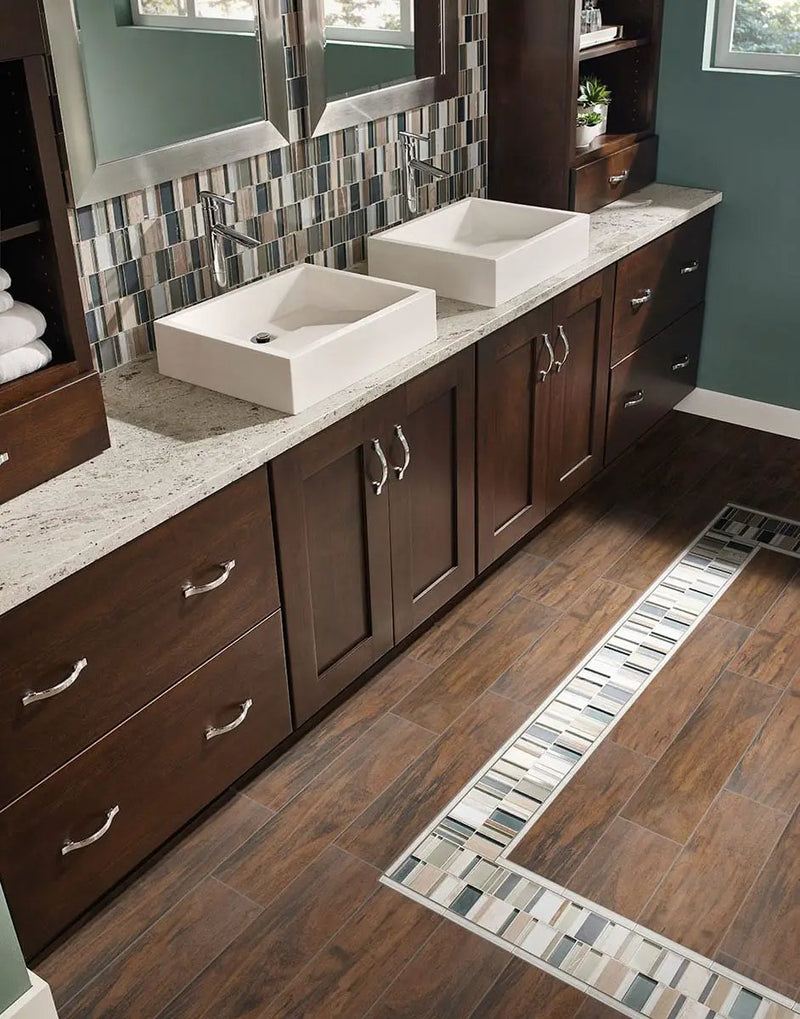 Dove Gray Quarter Round 5/8x6 Molding Glossy Ceramic Mosaics in a finished room