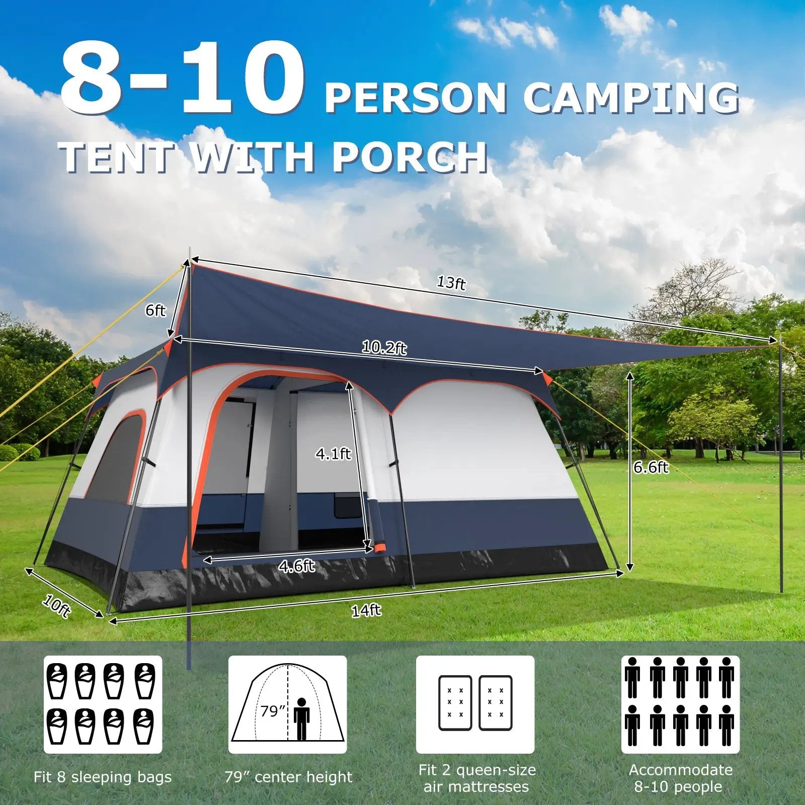 8-10 Person Camping Tent with Double Rooms and 2 Doors by DirectDeals