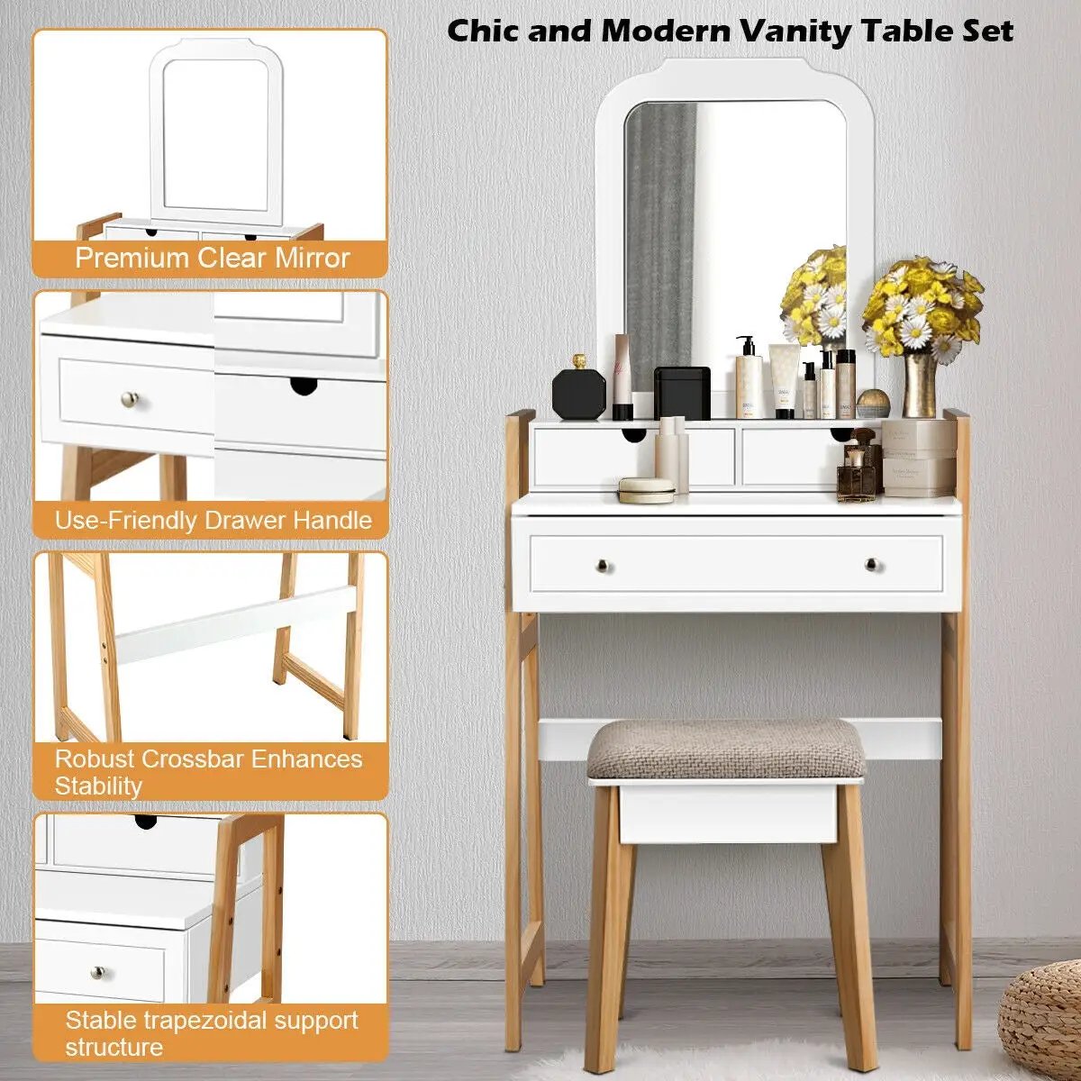 Vanity Table Set with Cushioned Stool and Large Mirror by DirectDeals