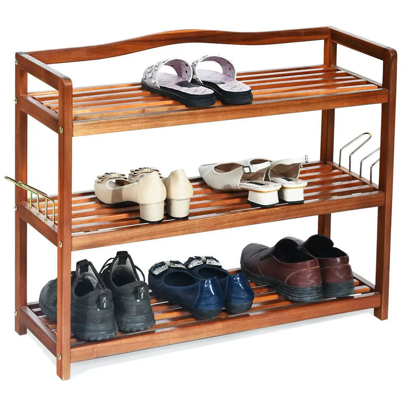 2-Tier Acacia Wood Shoe Rack with 4 Side Metal Hooks by DirectDeals