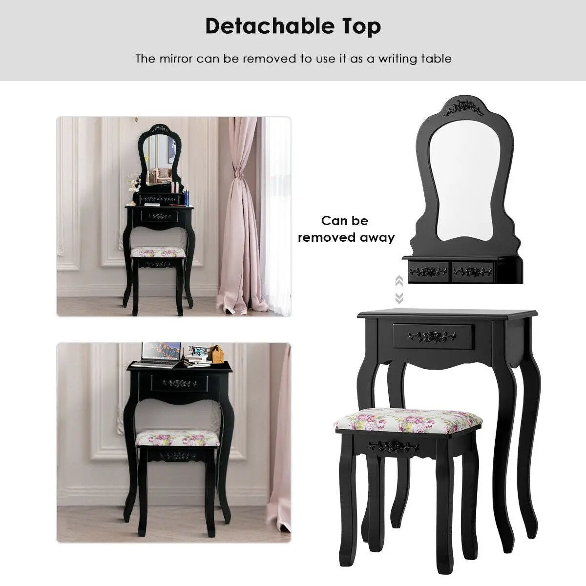 Makeup Dressing Table and Bench 3 Drawers and Cushioned Stool for Girls by DirectDeals