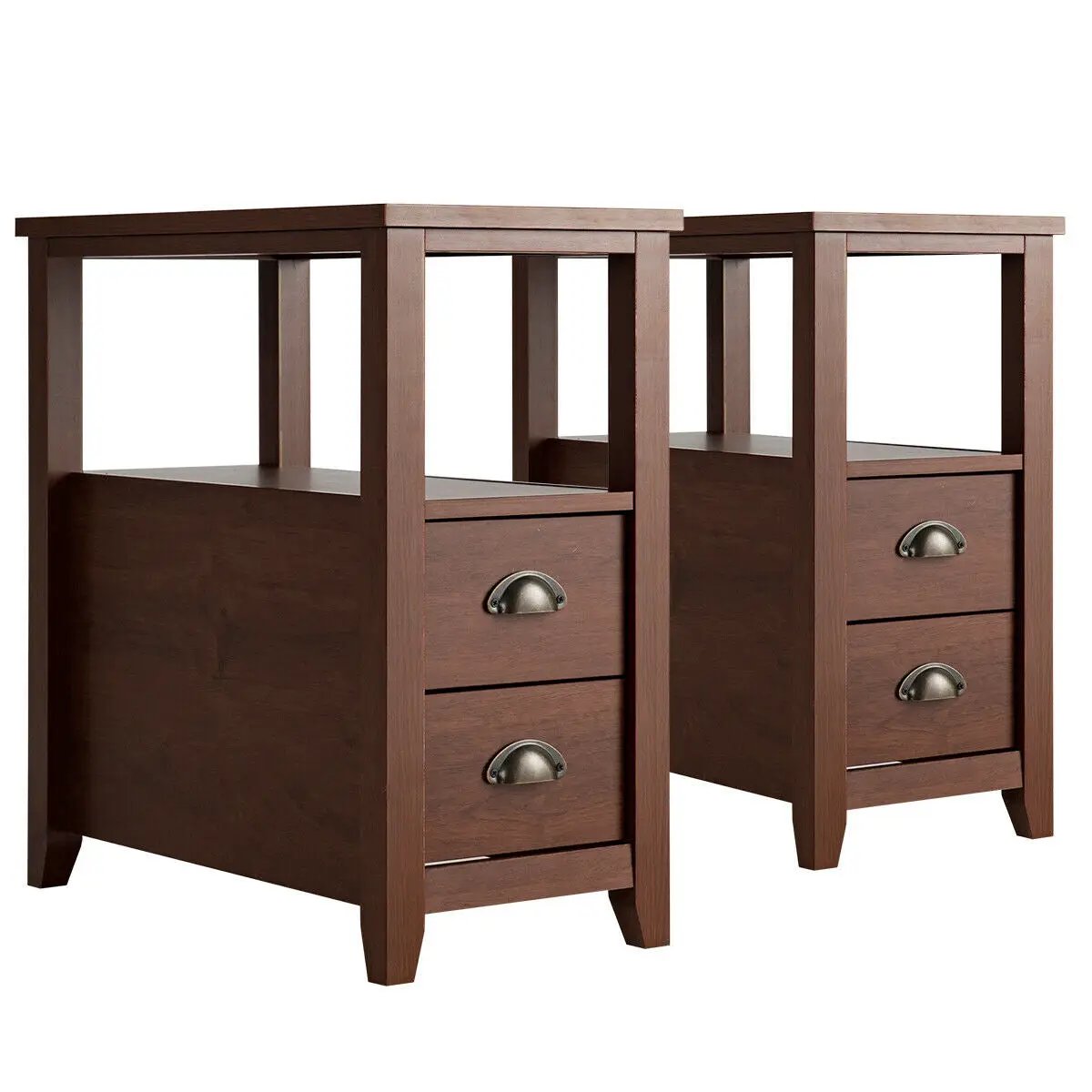 Set of 2 End Table Wooden with 2 Drawer & Shelf Bedside Table by DirectDeals