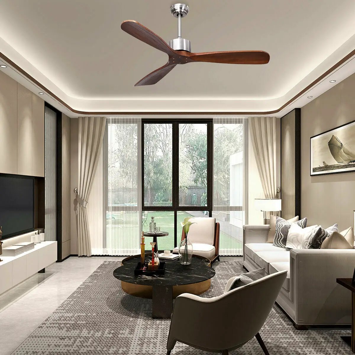 52 Inch Modern Ceiling Fan Indoor Outdoor Brushed Nickel Finish with Remote, photo 14 of 16