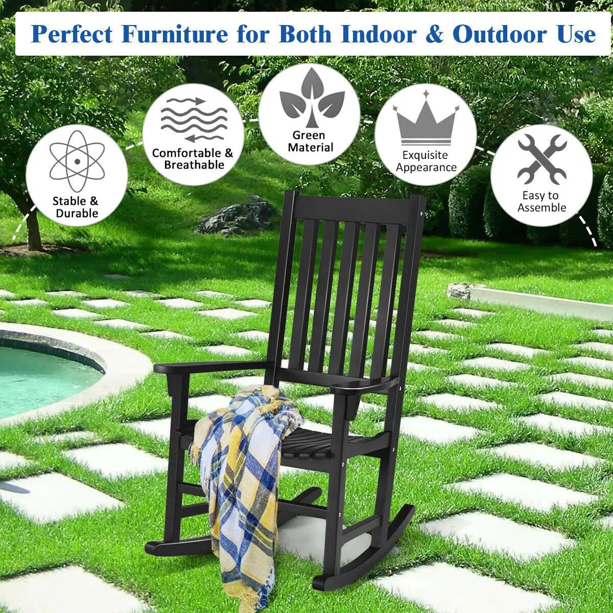 Indoor Outdoor Wooden High Back Rocking Chair by DirectDeals