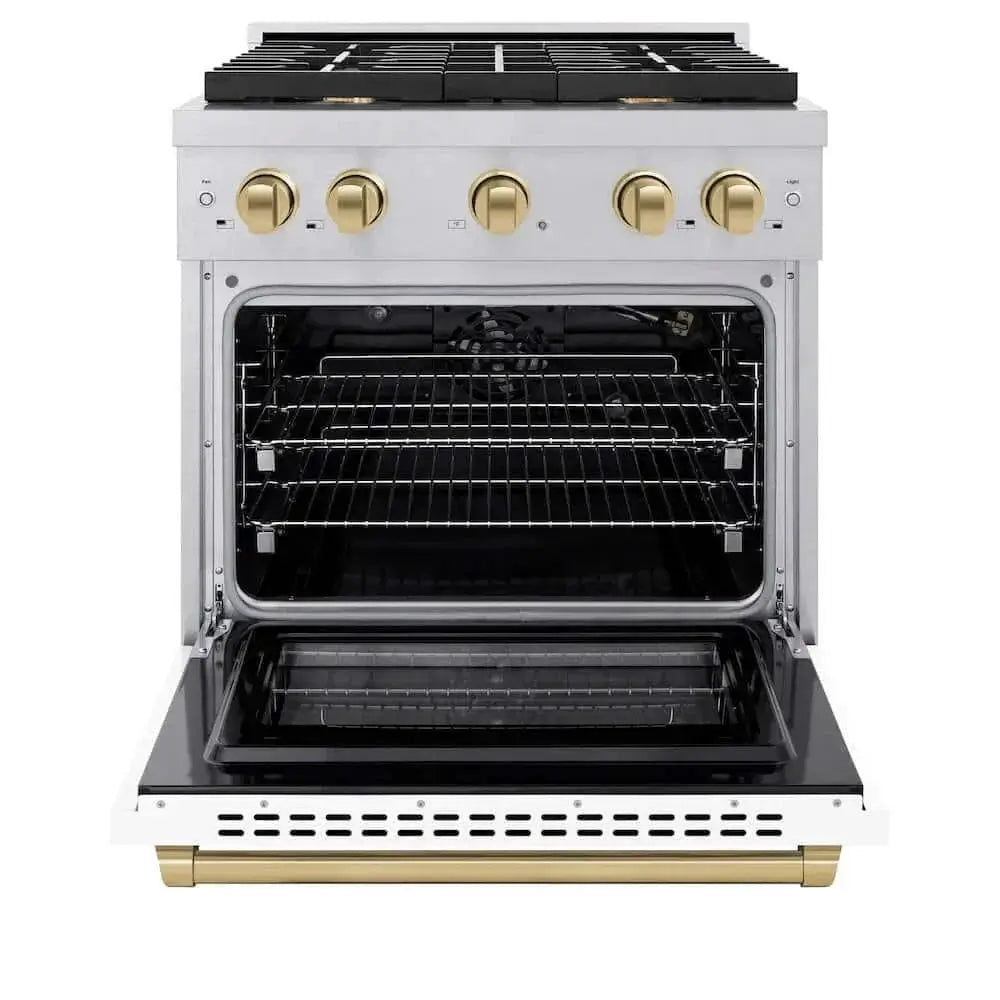 ZLINE 30"Gas Range, Convection Gas Oven, DuraSnow® White Matte, Champagne Bronze SGRSZ-WM-30-CB by Farmhouse Kitchen and Bath
