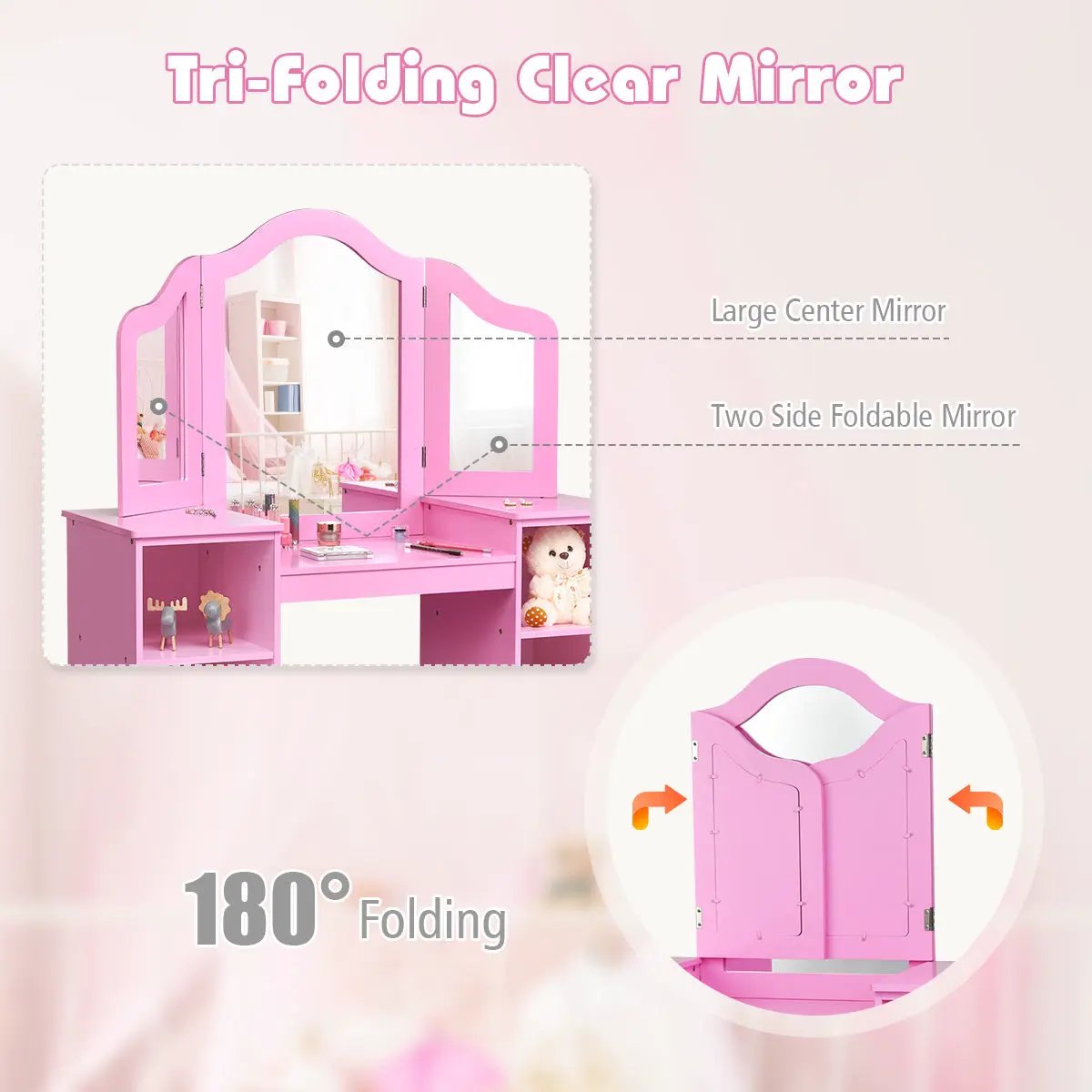 Kids Tri Folding Mirror Makeup Dressing Vanity Table Set, photo 7 of 9