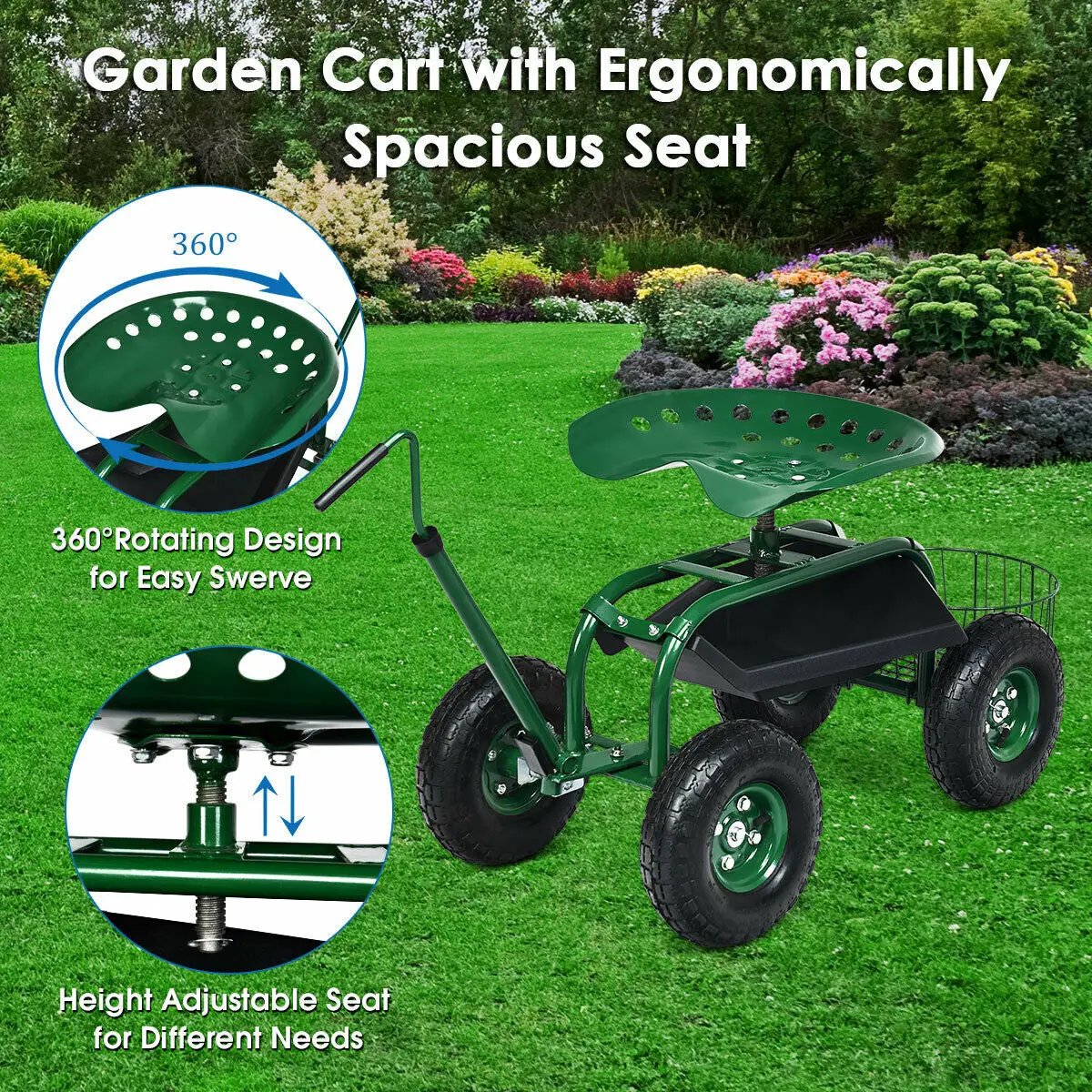 Extendable Handle Garden Cart Rolling Wagon Scooter, photo 7 of 10