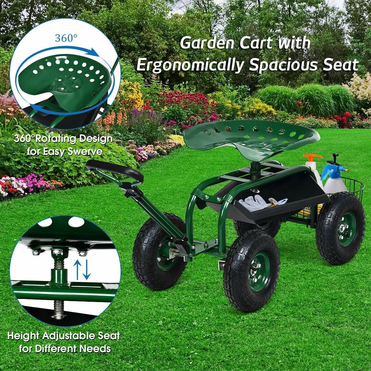 Heavy Duty Garden Cart with Tool Tray and 360 Swivel Seat, photo 8 of 10