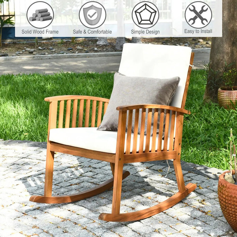 Outdoor Acacia Wood Rocking Chair with Detachable Washable Cushions by DirectDeals