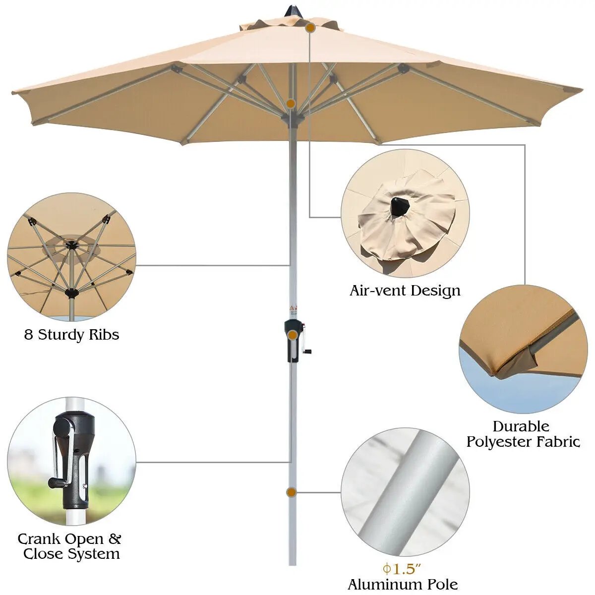 9 Feet Patio Outdoor Market Umbrella with Aluminum Pole without Weight Base, photo 8 of 17