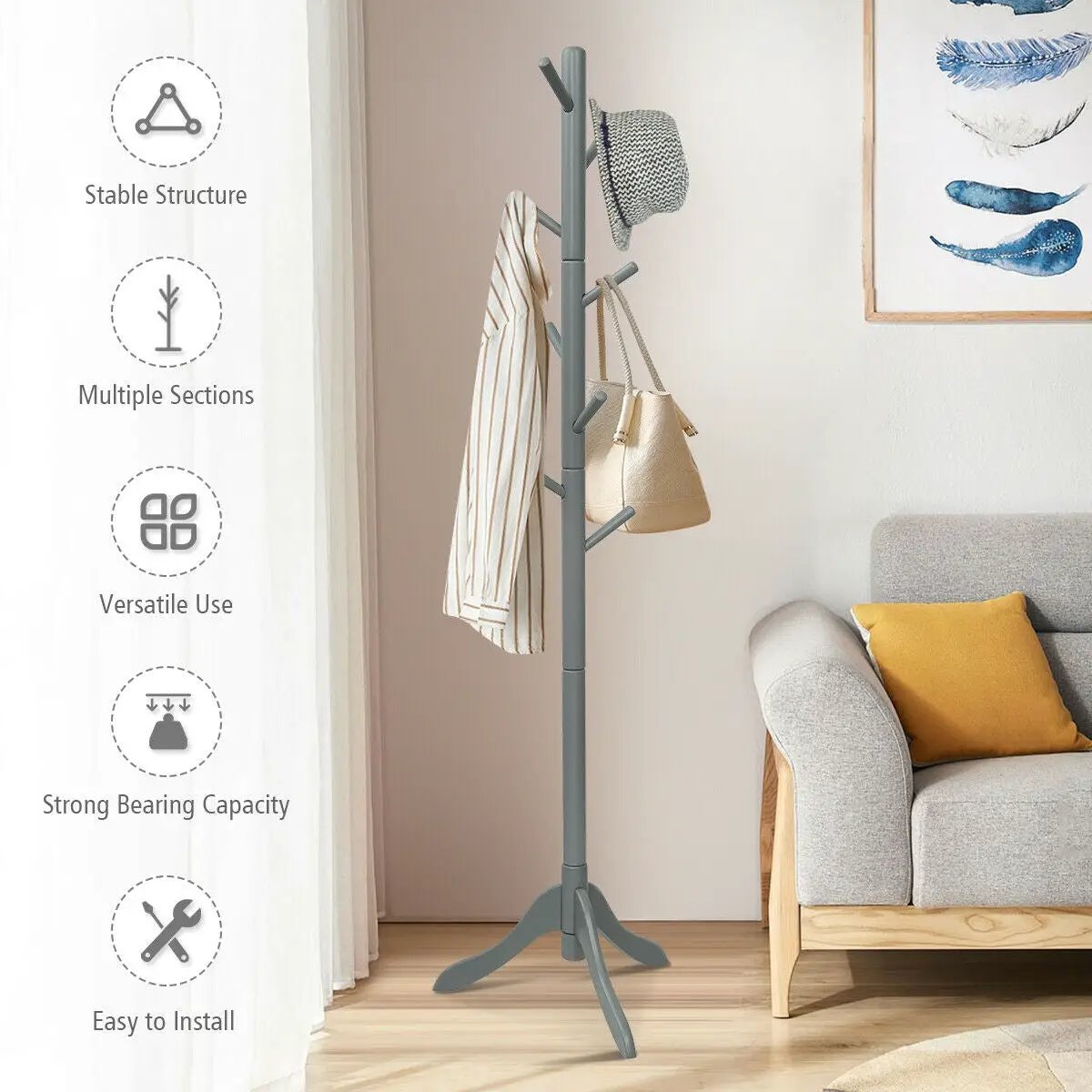 Adjustable Wooden Tree Coat Rack with 8 Hooks, photo 6 of 10