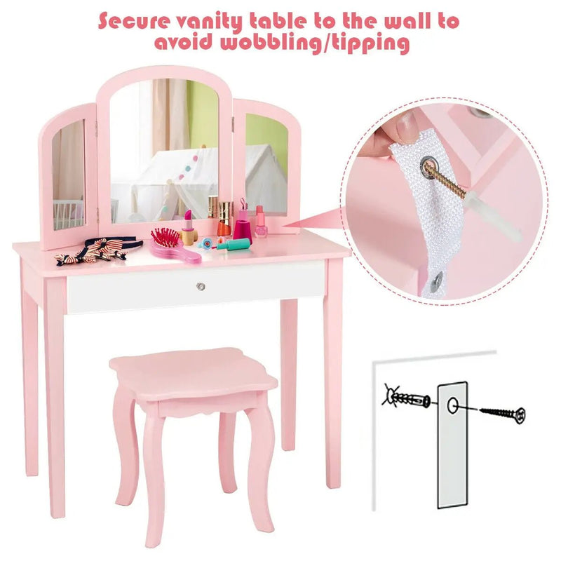 Kids Princess Make Up Dressing Table with Tri-folding Mirror and Chair by DirectDeals