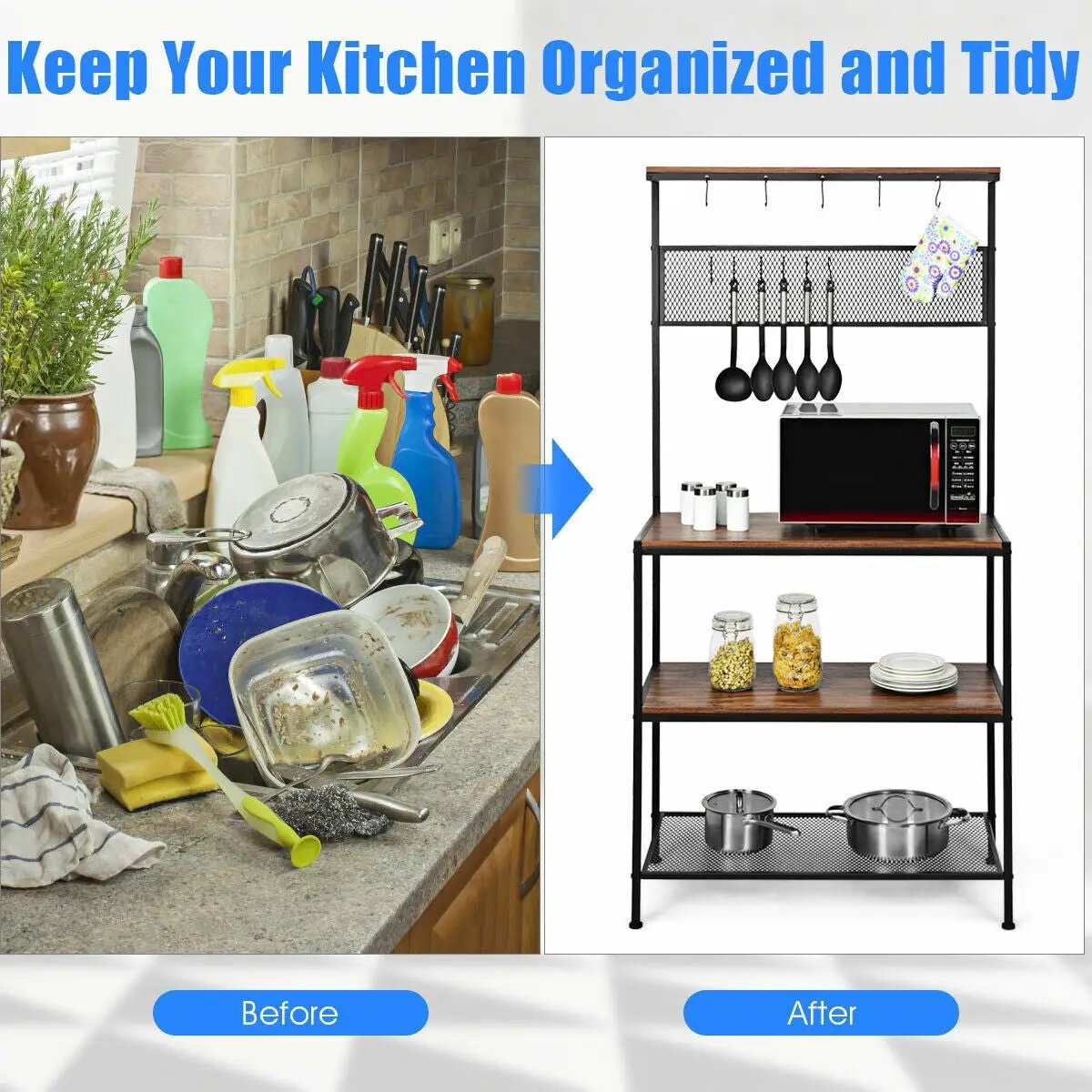 4-Tier Kitchen Rack Stand with Hooks and Mesh Panel by DirectDeals