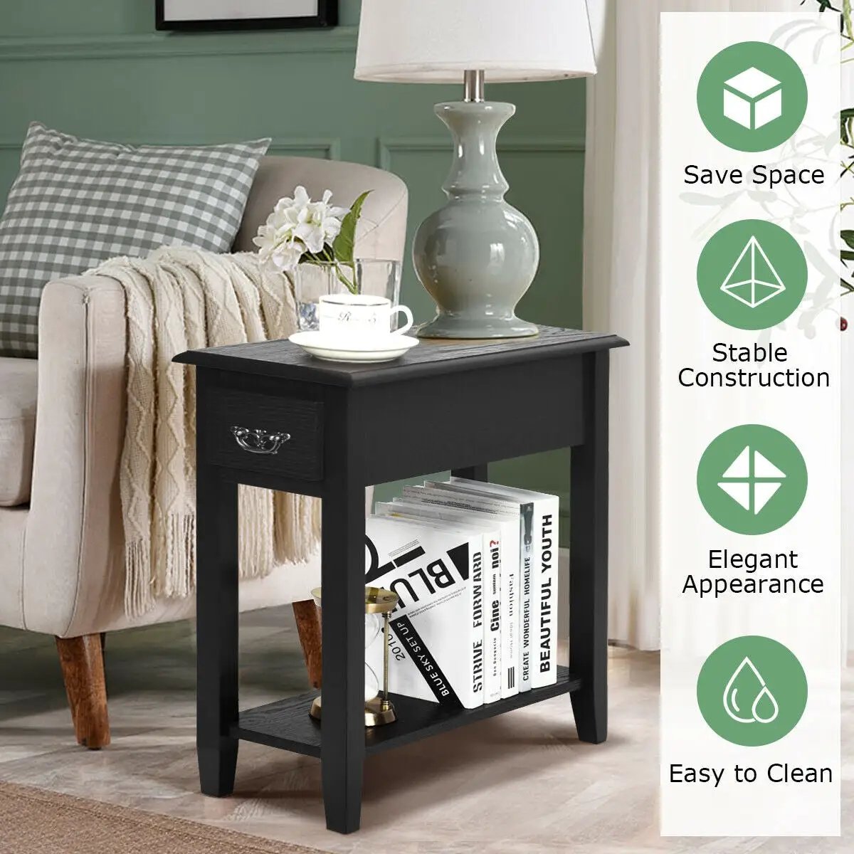 End Table Bedside Sofa End Table Narrow Nightstand with Wooden Legs, photo 6 of 11