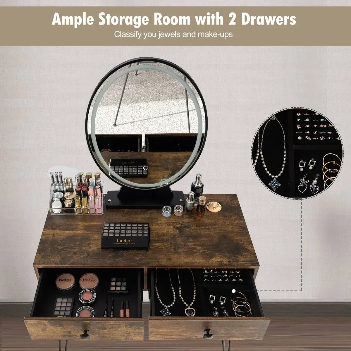 Industrial Makeup Dressing Table with 3 Lighting Modes by DirectDeals