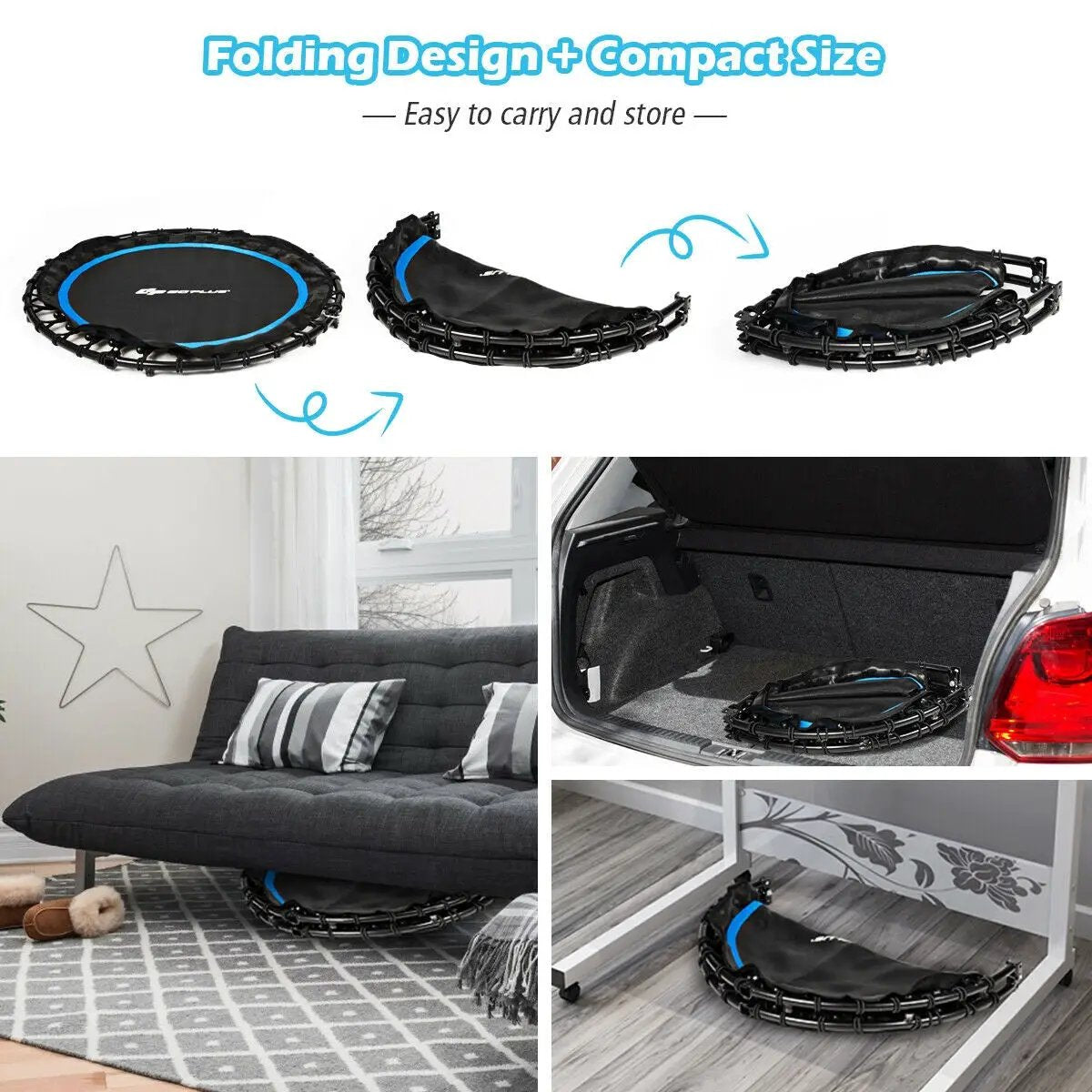 40 Inch Foldable Fitness Rebounder with Resistance Bands Adjustable Home by DirectDeals