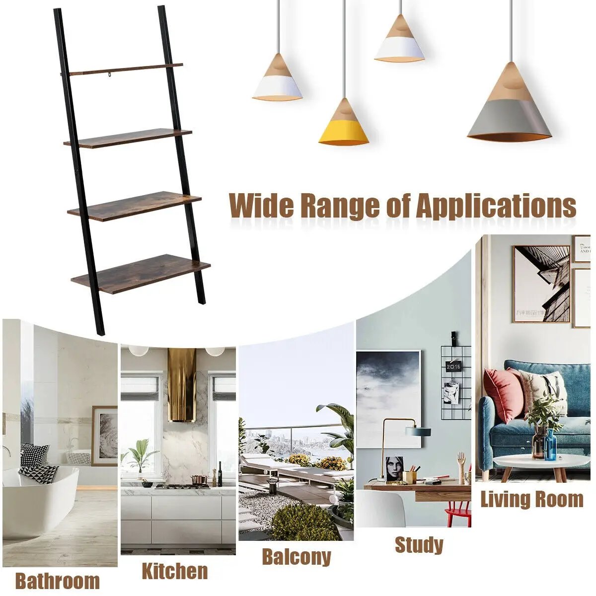 Multipurpose 4-Tier Industrial Leaning Wall Bookcase with Metal Frame, photo 4 of 16
