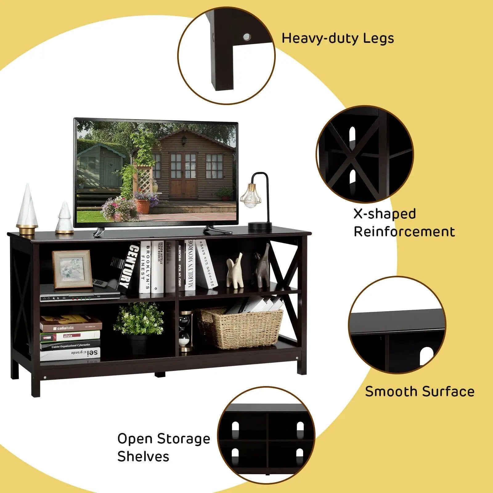 Wooden TV Stand Entertainment for TVs up to 55 Inch with X-Shaped Frame by DirectDeals