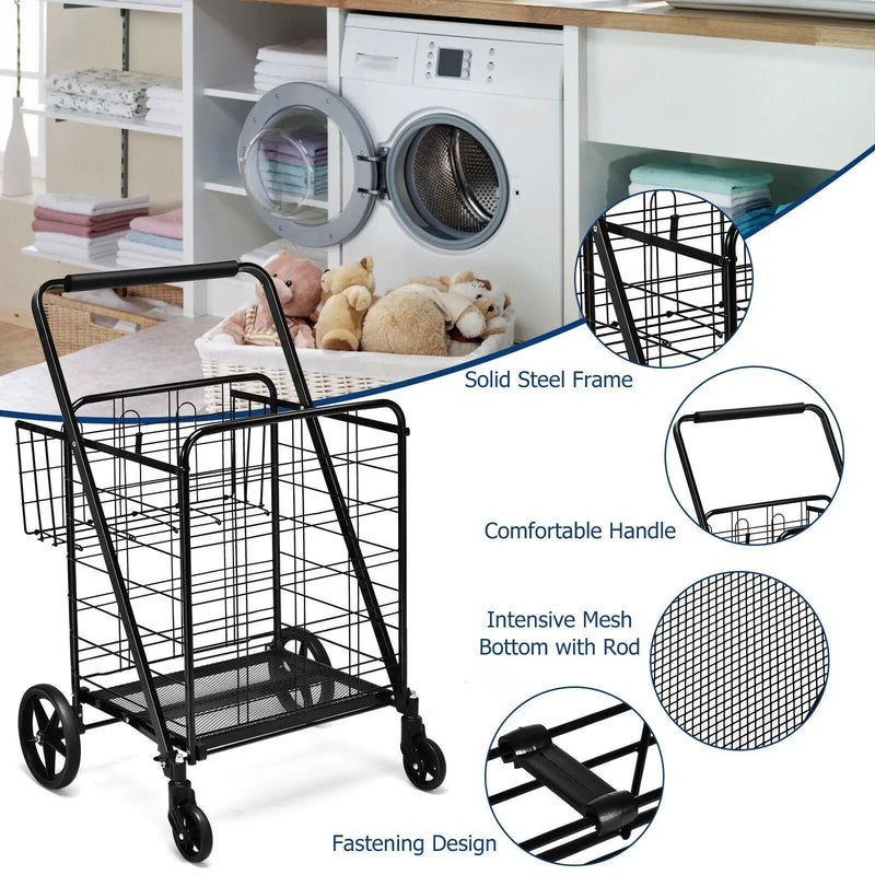 Heavy Duty Folding Utility Shopping Double Cart-Black by DirectDeals
