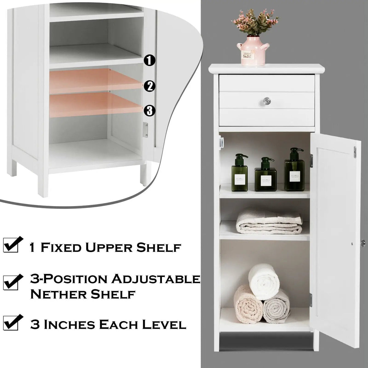 Wooden Bathroom Floor Storage Cabinet with Drawer and Shelf, photo 31 of 32